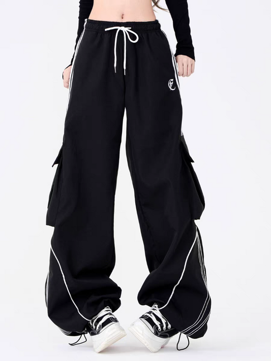 Unisex High Street Striped Elastic Waist Wide Leg Casual Pants — light Red & Black.
