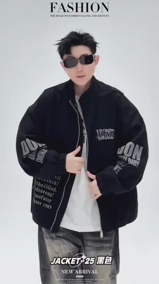 Oversized Streetwear Graphic Jacket - Black Stones Anime Style Zip-Up