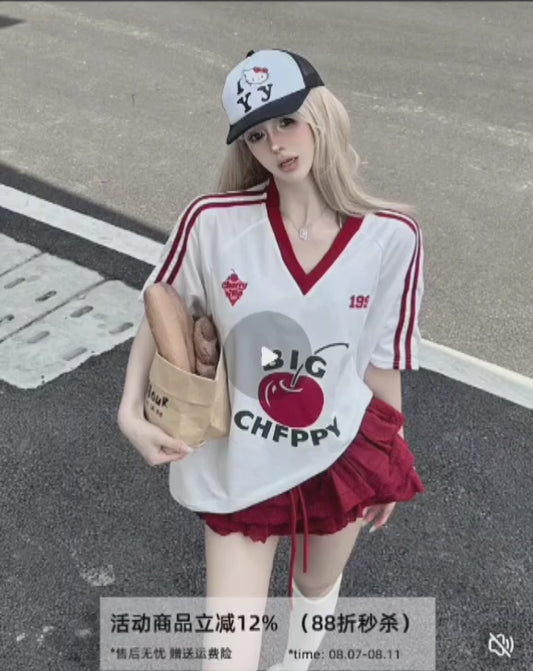 American college style T-shirt women's summer new fruit print v-neck jersey short-sleeved loose casual sports top trend