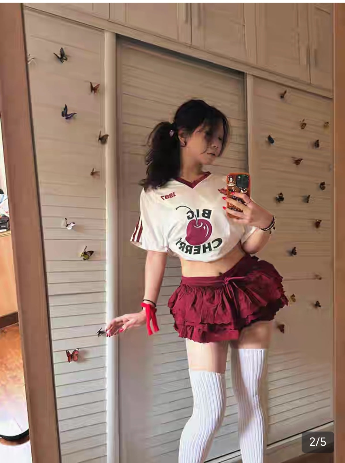 American college style T-shirt women's summer new fruit print v-neck jersey short-sleeved loose casual sports top trend