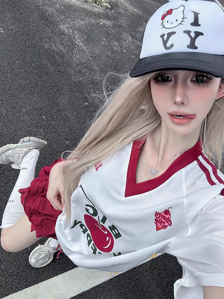 American college style T-shirt women's summer new fruit print v-neck jersey short-sleeved loose casual sports top trend