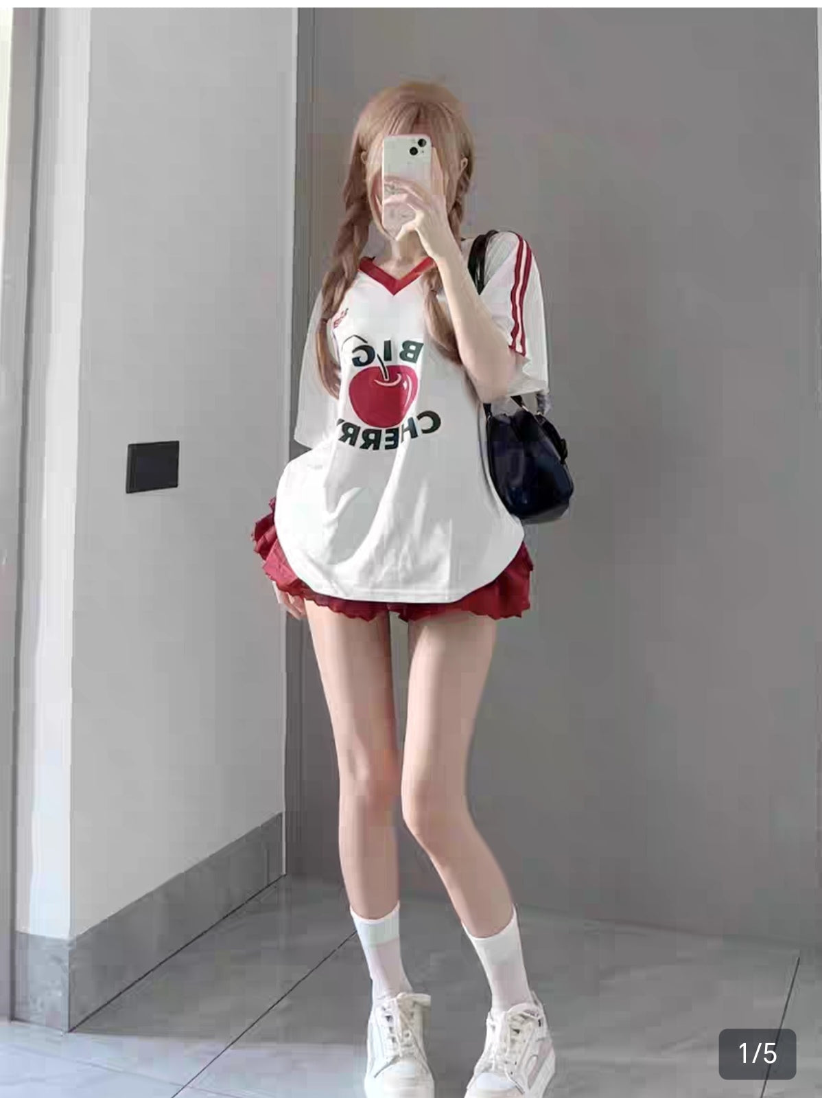 American college style T-shirt women's summer new fruit print v-neck jersey short-sleeved loose casual sports top trend
