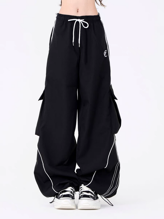 Unisex High Street Striped Elastic Waist Wide Leg Casual Pants — light Red & Black.