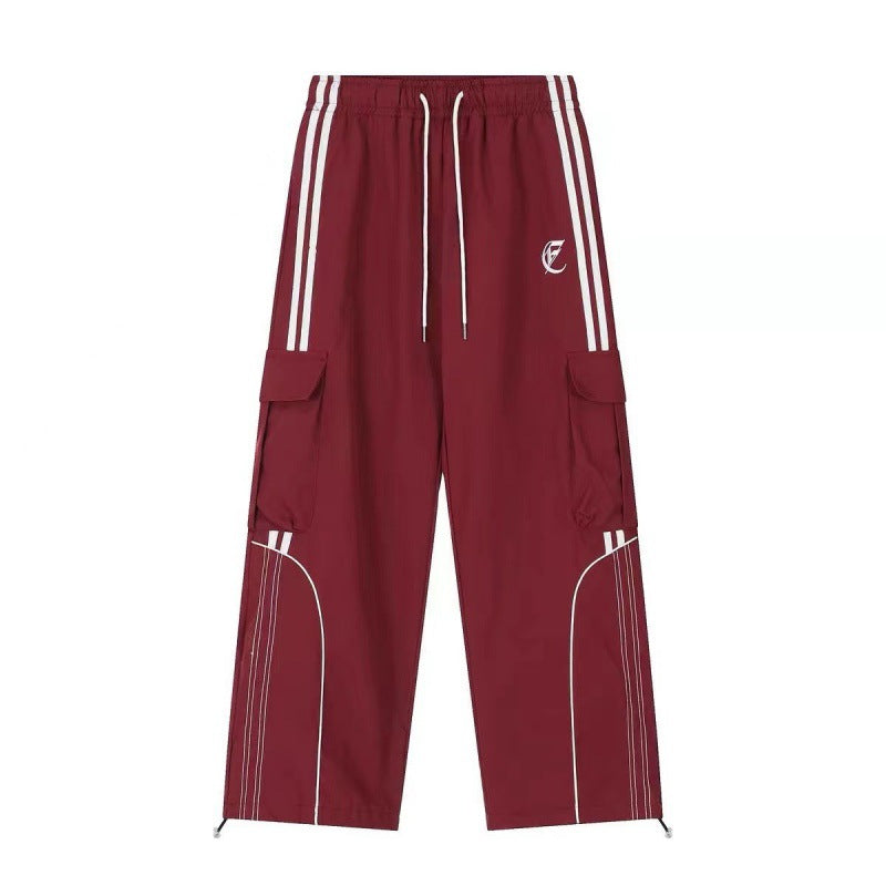 Unisex High Street Striped Elastic Waist Wide Leg Casual Pants — light Red & Black.