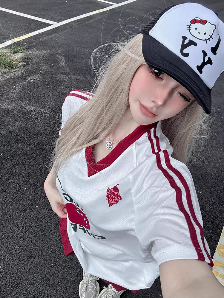 American college style T-shirt women's summer new fruit print v-neck jersey short-sleeved loose casual sports top trend