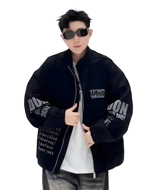 Oversized Streetwear Graphic Jacket - Black Stones Anime Style Zip-Up