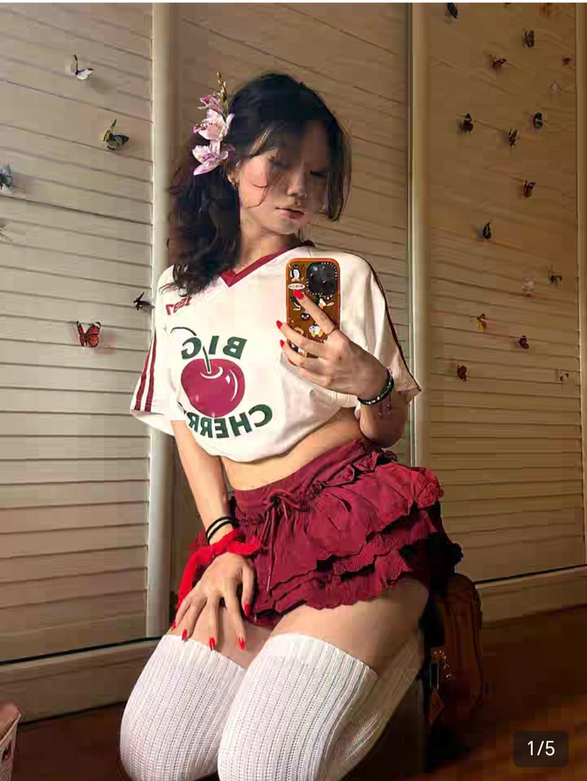 American college style T-shirt women's summer new fruit print v-neck jersey short-sleeved loose casual sports top trend
