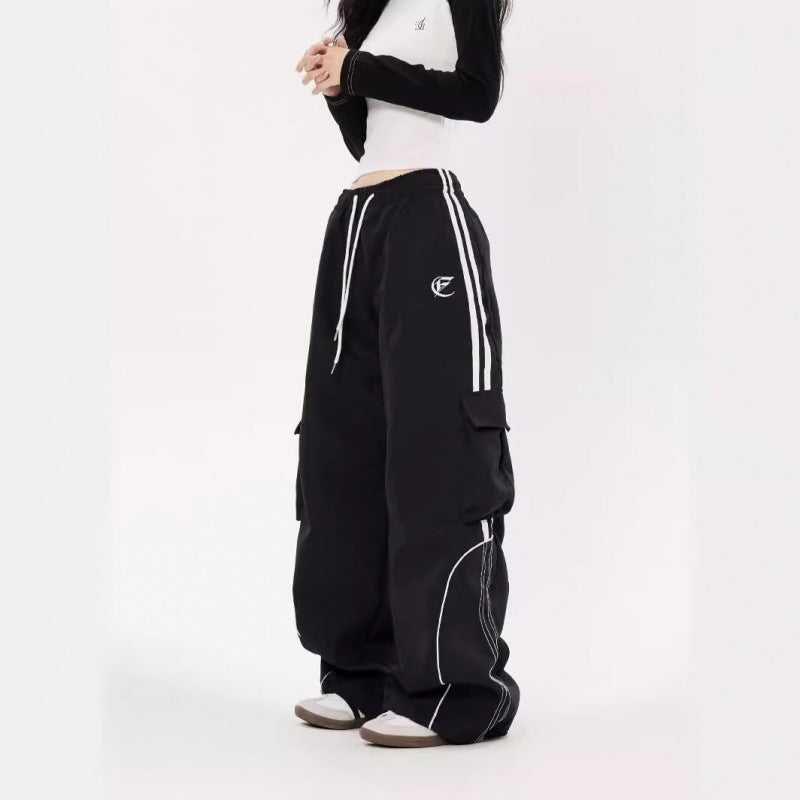 Unisex High Street Striped Elastic Waist Wide Leg Casual Pants — light Red & Black.