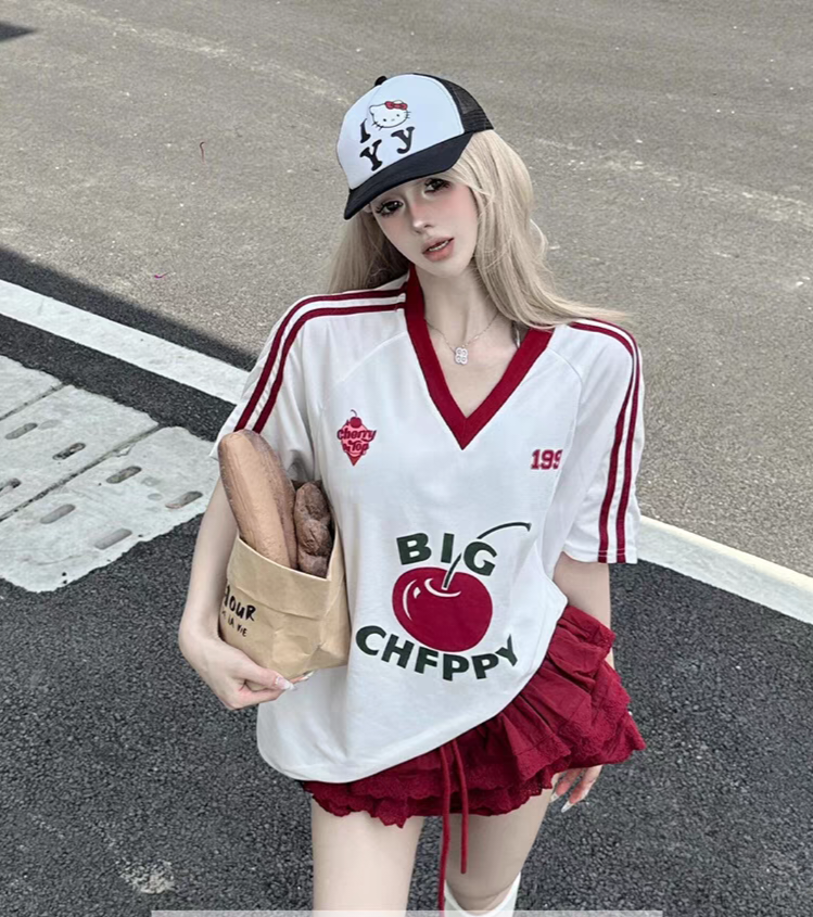 American college style T-shirt women's summer new fruit print v-neck jersey short-sleeved loose casual sports top trend