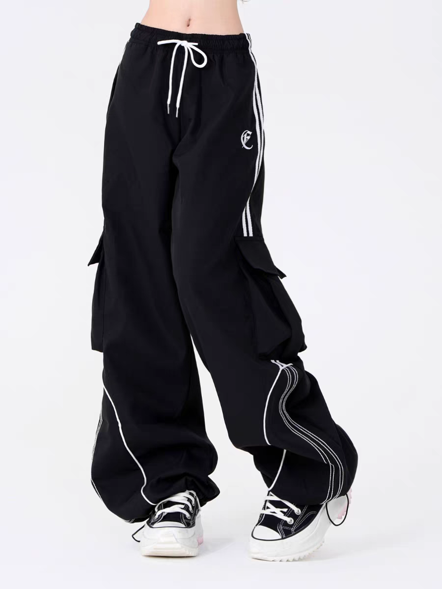 Unisex High Street Striped Elastic Waist Wide Leg Casual Pants — light Red & Black.