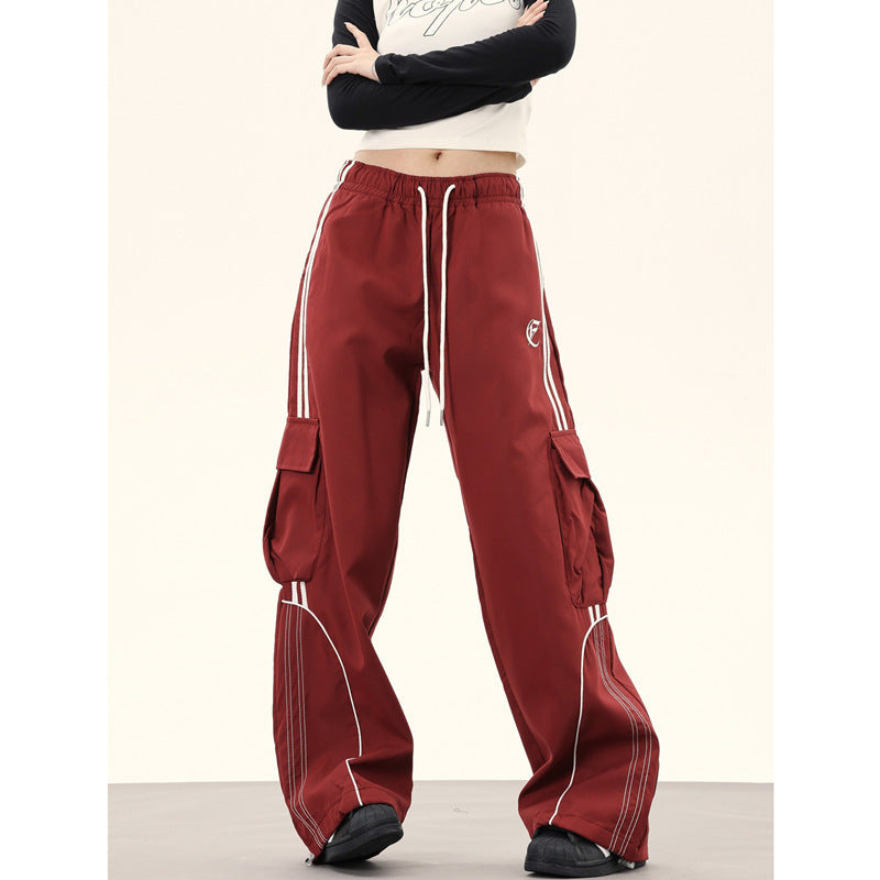 Unisex High Street Striped Elastic Waist Wide Leg Casual Pants — light Red & Black.